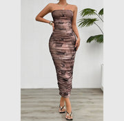 Strapless Printed Pleated Bodycon Dress