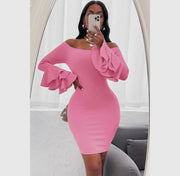 Off shoulder bodycon ruffle solid mini dress