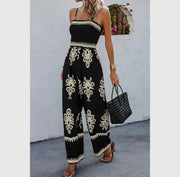 Off shoulder ruched printed high waist jumpsuit