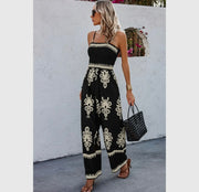 Off shoulder ruched printed high waist jumpsuit