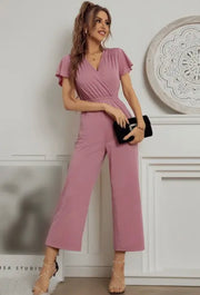 Short sleeve fit v neck jumpsuit