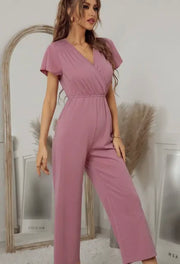 Short sleeve fit v neck jumpsuit