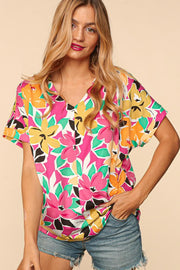 PLUS FLORAL LOOSE FIT SHORT SLEEVE KNIT TOP