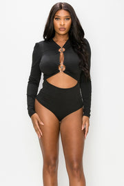 RING TRIMED CUT OUT FRONT RIB LONG SLEEVE BODYSUIT