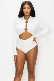 RING TRIMED CUT OUT FRONT RIB LONG SLEEVE BODYSUIT