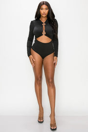 RING TRIMED CUT OUT FRONT RIB LONG SLEEVE BODYSUIT