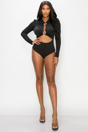 RING TRIMED CUT OUT FRONT RIB LONG SLEEVE BODYSUIT