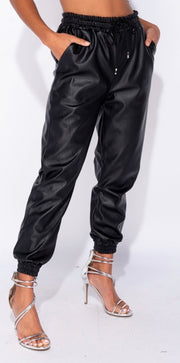 Black PU Elasticated Waistband & Hem Jogging Trousers