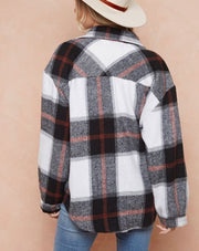 Blushed Flannel Plaid Lapel Long Sleeve Button Down Shacket