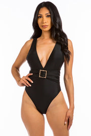 Fancy Square Buckle One Piece Swimsuit