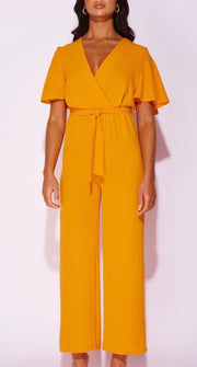 Orange Flute Sleeve Self Belt Wide Leg Jumpsuit