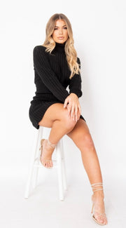 Black Rib Knit Roll Neck Jumper Dress