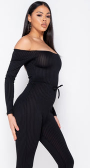 Black Rib Knit Long Sleeve Bardot Jumpsuit