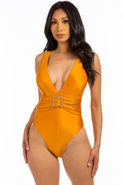 Fancy Square Buckle One Piece Swimsuit