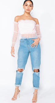 Light Blue Distressed Turn Up Hem Boyfriend Jeans