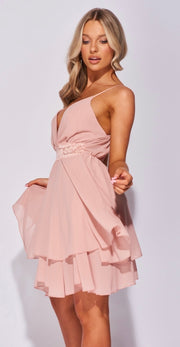 Pink Lace Trim Layered Hem Strappy Mini Dress