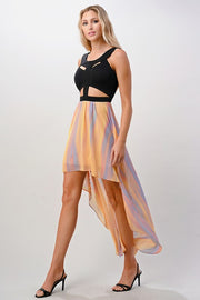 Cutout Detail Color Block High Low Dress