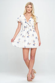 V neck flutter sleeve floral chiffon A line dress
