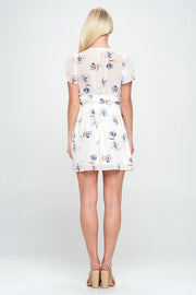 V neck flutter sleeve floral chiffon A line dress