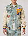 HAND DRAWING LEATHER SLEEVES DENIM VARSITY JACKET