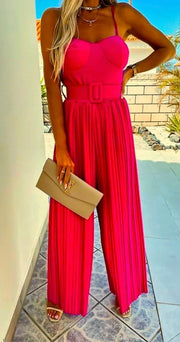 Candy Pink Plisse Pleat Buckle Belt Wide Leg Jumpsuit