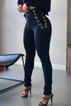 Print High Waist Eyelet Laceup Skinny Pants