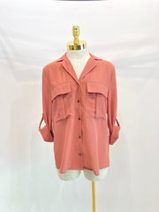 Front pocket roll up sleeve chiffon blouse top
