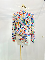 Long sleeve surplice open front blouse top