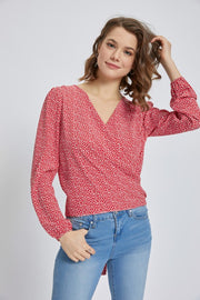 Long sleeve surplice open front blouse top