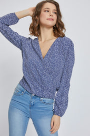 Long sleeve surplice open front blouse top