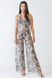 V-Neck Sleeveless Wide Leg Sheer Jumpsuit