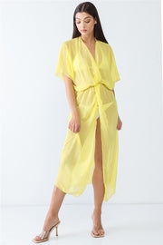 Mesh Twist V-Neck Front Slit Swim Cover Up