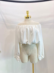 Scoop neck shirred blouse top balloon sleeve