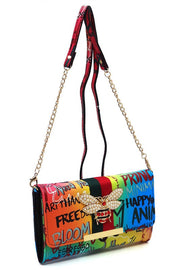Queen Bee Stripe Graffiti Crossbody Clutch Wallet