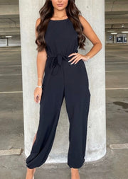 Black Halterneck Side Split Belted Jumpsuit