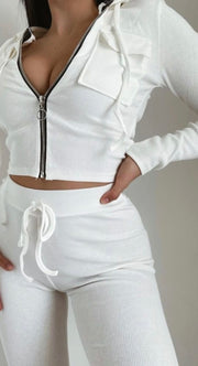 White Rib Knit Zip Hoodie & Leggings Lounge Set