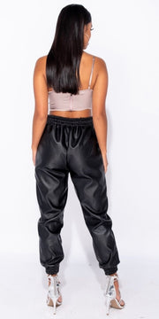 Black PU Elasticated Waistband & Hem Jogging Trousers