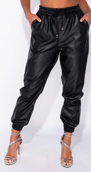 Black PU Elasticated Waistband & Hem Jogging Trousers