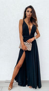 Black Halterneck Plunge Front Thigh Split Maxi Dress