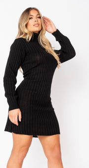 Black Rib Knit Roll Neck Jumper Dress