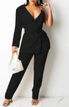 Chain Strap One Shoulder Belted Blazer Tailored Pants Set