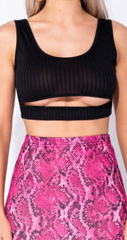 Black Cut Out Front Rib Knit Crop Top