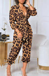 Leopard Print Collard Plunging Neck Tie Front Ruched Jumpsuit