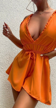 Orange Ruffle Trim Plunge Front Open Back Playsuit