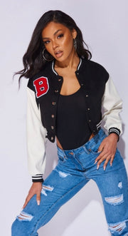 Black Faux Leather Sleeve Cropped Varsity Jacket