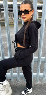 Black Cropped Hoodie & Jogger Lounge Set