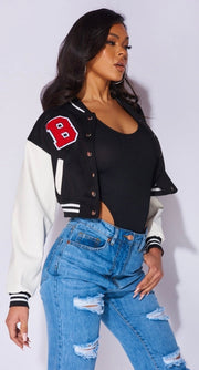 Black Faux Leather Sleeve Cropped Varsity Jacket