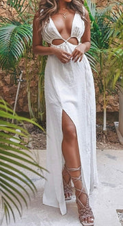 White Cut Out Waist Thigh Split Maxi Dress