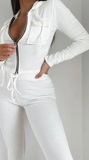 White Rib Knit Zip Hoodie & Leggings Lounge Set