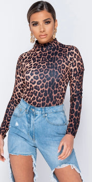 Leopard Print High Neck Long Sleeve Bodysuit